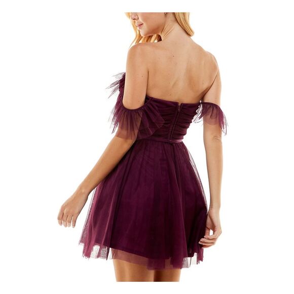 CITY STUDIO Womens Purple Mesh Lined Belt Flutter Sleeve Short Dress 3 - Picture 2 of 4